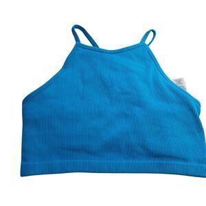 Joy Lab Ribbed High Neck Seamless Midline Cropped Tank Sports Bra Blue Medium